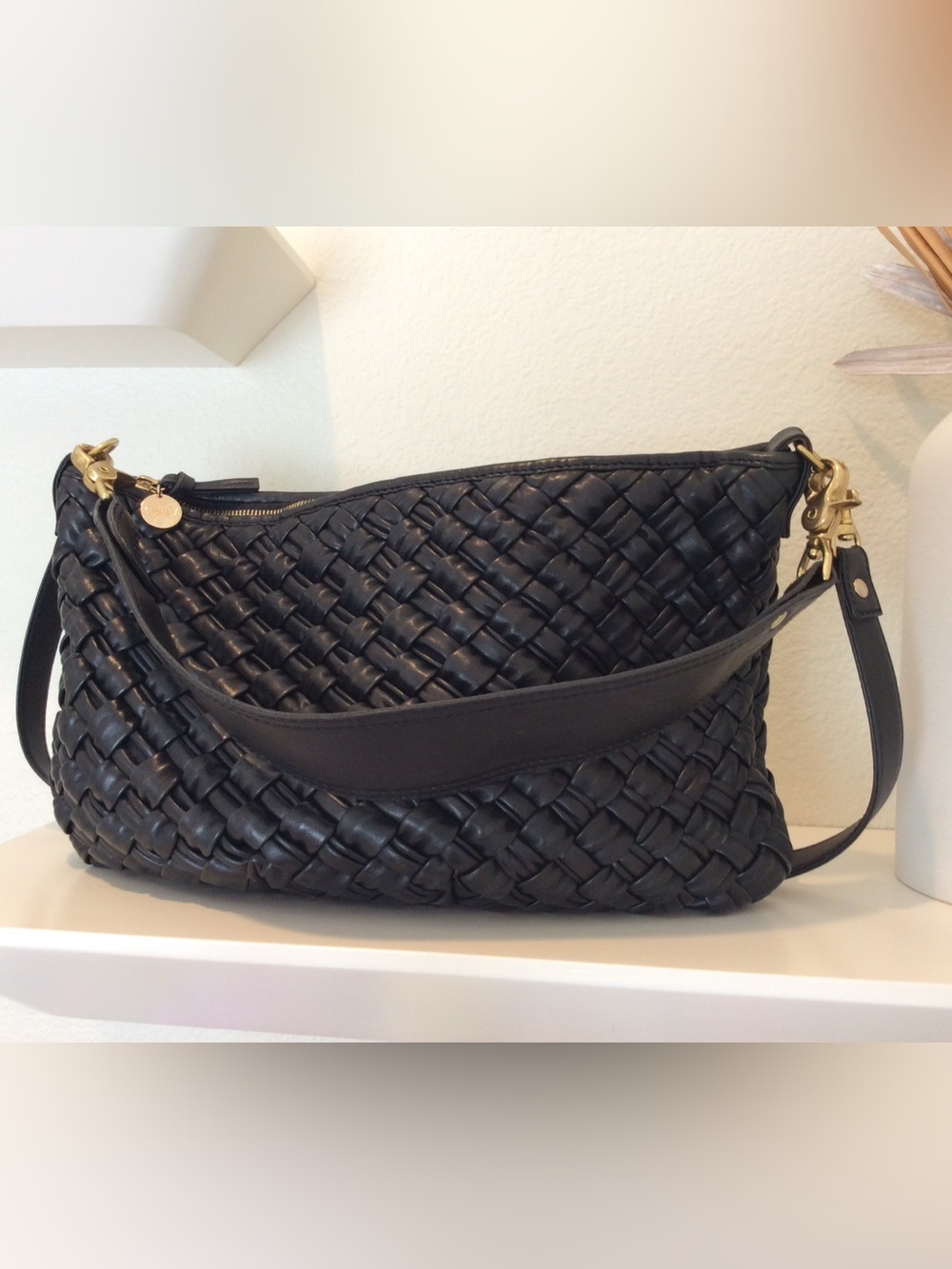 Clare V. Moyen Messenger Black Puffy Woven Leather Crossbody Bag
